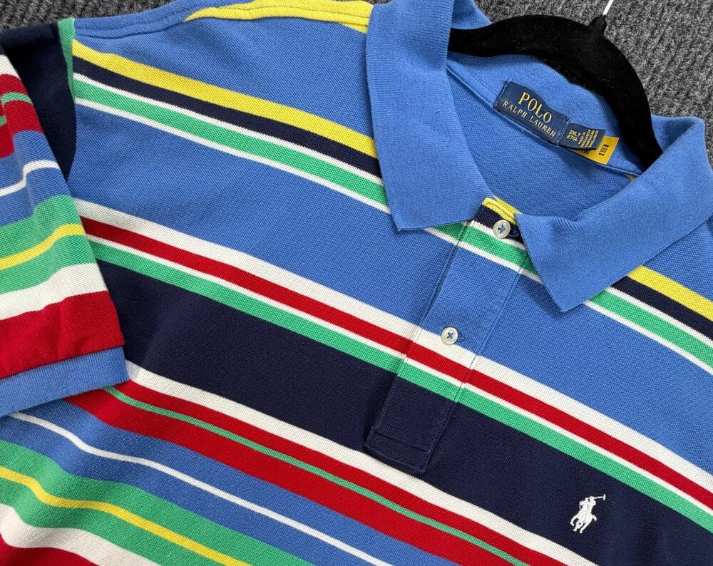 Polo Ralph Lauren Men 2XL Blue Striped Mesh Polo Shirt Multicolor Pony Cotton